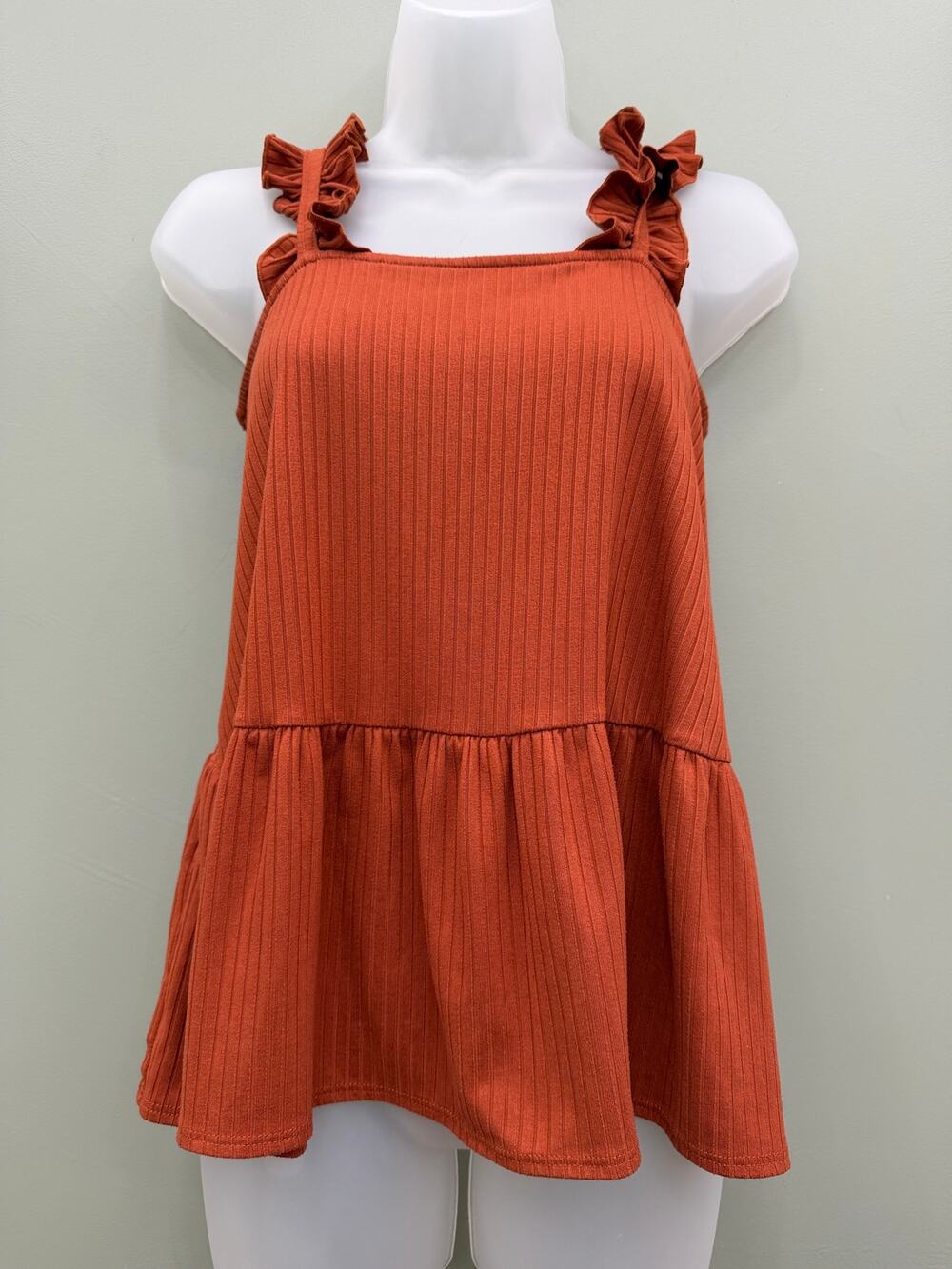 Entro Rust Ribbed Peplum Tank Top S Ruffle Strap Square Neck Boho